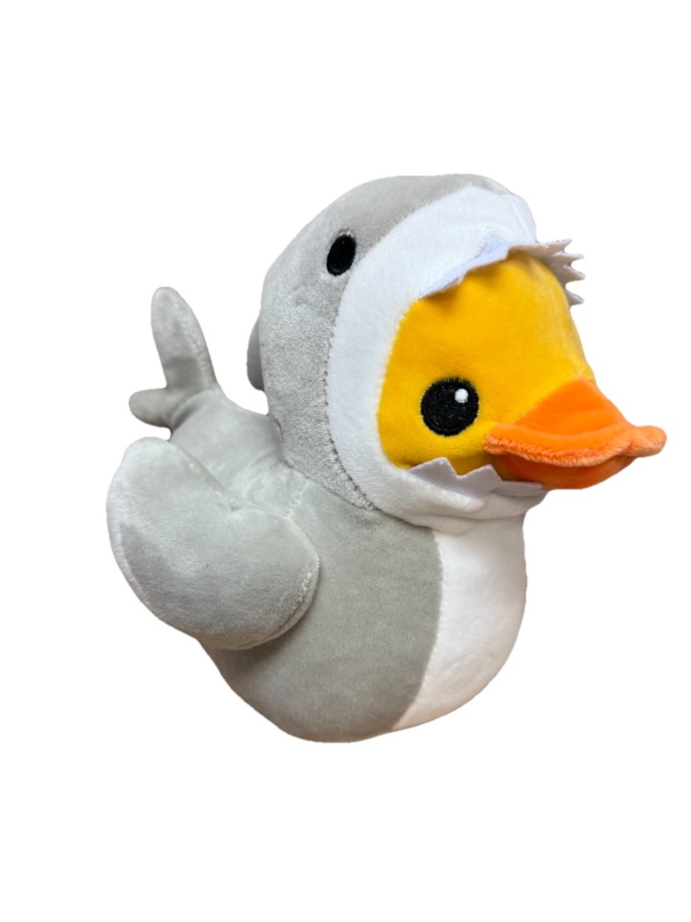 Plush Duck in Shark Costume - Gray and Yellow Small Pet Toy 7”